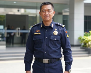 A sharp, professional portrait of an Indonesian security officer in a deep navy uniform, standing with a supportive and confident posture in front of a modern corporate entrance, bright daylight, professional photography style.