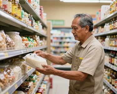 Professional photography of a Southeast Asian / Indonesian retail clerk in a clean, modern cooperative grocery store assisting an elderly man, shelves stocked with basic needs like rice and oil, warm indoor lighting.