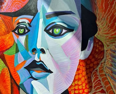 Großformatiges, facettiertes Porträt in leuchtenden Farben mit grünem Blick, 120×120 cm, 2023.