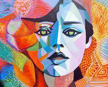 Großformatiges, facettiertes Porträt in leuchtenden Farben mit grünem Blick, 120×120 cm, 2023.