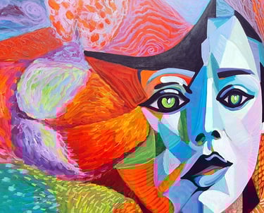 Großformatiges, facettiertes Porträt in leuchtenden Farben mit grünem Blick, 120×120 cm, 2023.