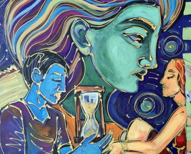 Figuratives Gemälde mit Symbolen für Zeit (Sanduhr) und Sterne, feine weiße Linien.