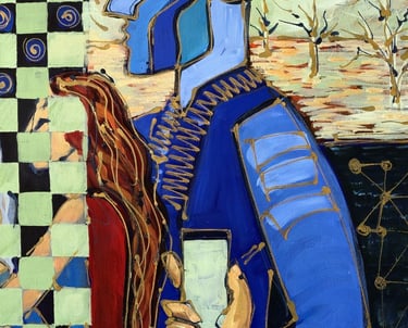 Figuratives Gemälde mit Symbolen für Zeit (Sanduhr) und Sterne, feine weiße Linien.