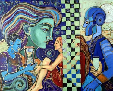 Figuratives Gemälde mit Symbolen für Zeit (Sanduhr) und Sterne, feine weiße Linien.