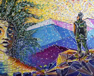 Farbige Bergszene mit Figur am Grat und großem Gesicht im Vordergrund