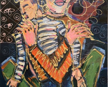 Expressive figurative Leinwand: zwei Gestalten in Umarmung, leuchtende Farben, weiße Linien – Romeo