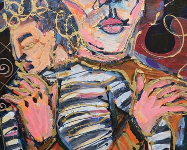 Expressive figurative Leinwand: zwei Gestalten in Umarmung, leuchtende Farben, weiße Linien – Romeo