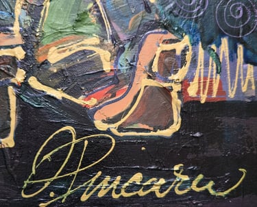 Expressive figurative Leinwand: zwei Gestalten in Umarmung, leuchtende Farben, weiße Linien – Romeo