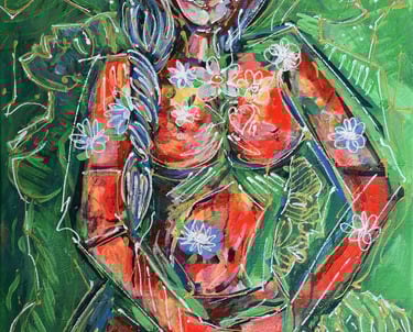Figurative Leinwand mit grünem Feld, roten Hauttönen und weißen Linien; Blüten auf der Figur.