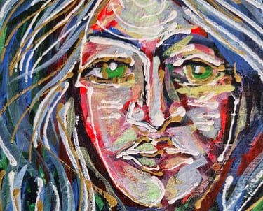 Figurative Leinwand mit grünem Feld, roten Hauttönen und weißen Linien; Blüten auf der Figur