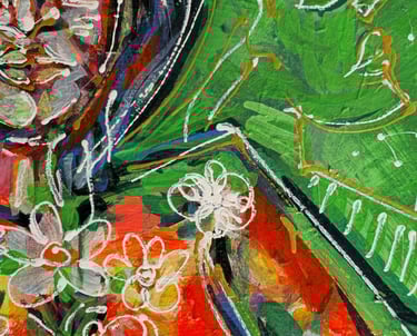 Figurative Leinwand mit grünem Feld, roten Hauttönen und weißen Linien; Blüten auf der Figur