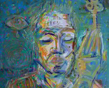 Quadratische Leinwand mit glyphenartigen weißen Linien und farbigen Felder.