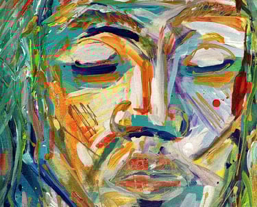 Quadratische Leinwand mit glyphenartigen weißen Linien und farbigen Feldern.