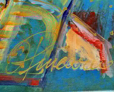 Quadratische Leinwand mit glyphenartigen weißen Linien und farbigen Feldern.