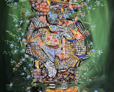 Quadratische Leinwand mit expressiven Farbfeldern und weißen Linien – „Intuition“, Romeo Opincaru