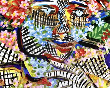 Quadratische Leinwand mit expressiven Farbfeldern und weißen Linien – „Intuition“, Romeo Opincaru.