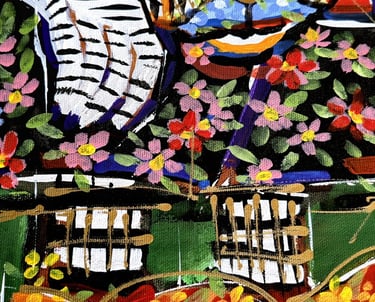 Quadratische Leinwand mit expressiven Farbfeldern und weißen Linien – „Intuition“, Romeo Opincaru.