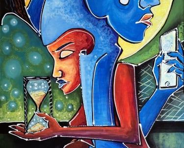 Bunte Figur mit Sanduhr, Buch und Smartphone vor Nimbus – „Zeitwächter“, 140×70 cm