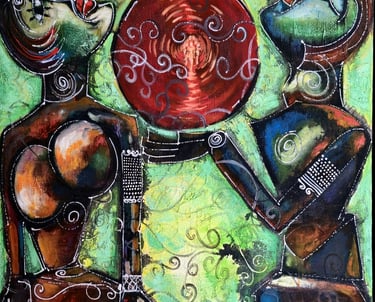 Expressive Leinwand „Adam & Eva“ in Komplementärfarben mit weißen Linien – Romeo Opincaru, 2025.