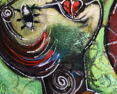 Expressive Leinwand „Adam & Eva“ in Komplementärfarben mit weißen Linien – Romeo Opincaru, 2025.