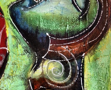 Expressive Leinwand „Adam & Eva“ in Komplementärfarben mit weißen Linien – Romeo Opincaru, 2025.