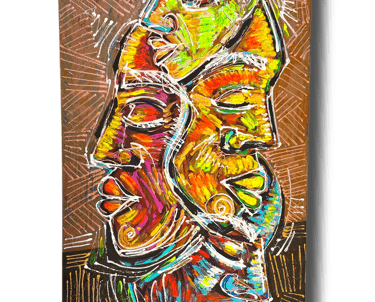 Rat der inneren Stimmen – Acryl/Mixed Media, 100×50 cm, 2025. Identität als vielstimmiger Turm.