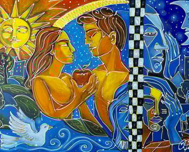 Figuratives Gemälde mit warmen und kühlen Farbfeldern, feinen weißen Linien-Zwischen Sonne und Mond