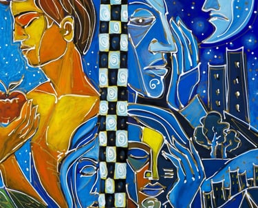 Figuratives Gemälde mit warmen und kühlen Farbfeldern, feinen weißen Linien-Zwischen Sonne und Mond