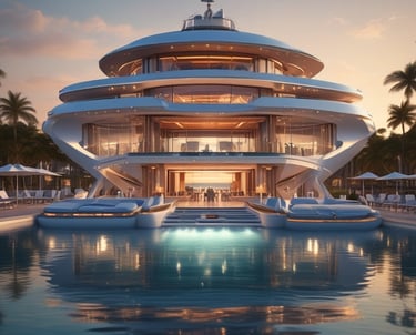 A sleek, modern luxury yacht gliding through crystal-clear waters at sunset, embodying exclusive experiences.