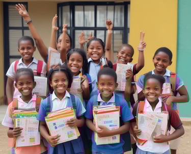 A child smiling warmly while holding a colorful backpack filled with new school supplies in a sunlit classroom.