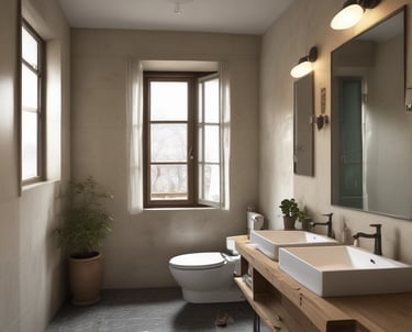 a bathroom with two sinks and mirrors along with a toilet