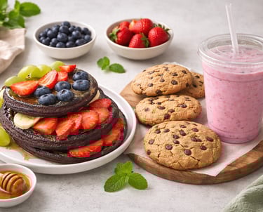 Torre de hotcakes de proteína de chocolate con fruta fresca, galleta chispas de chocolate y smooth 