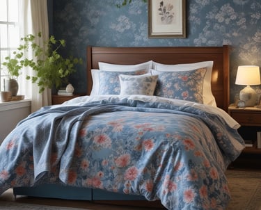 A sunlit bedroom corner with soft pillows decorated in delicate floral prints.