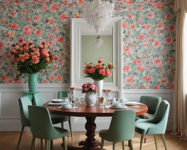 Close-up of a cozy living room wall adorned with vibrant floral wallpaper featuring roses and peonies.