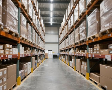 Shelves filled with neatly organized aerospace parts and components in a warehouse.