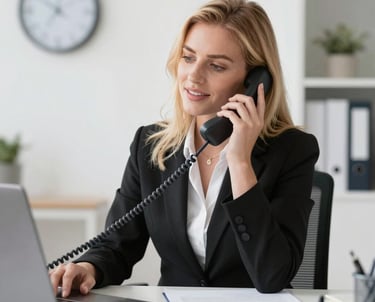 Customer service team assisting a client over the phone with a friendly smile.