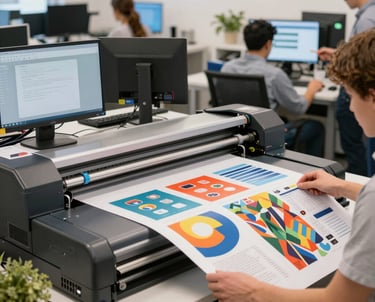 A vibrant workshop with designers crafting illuminated signs and 3D letters under warm lighting.