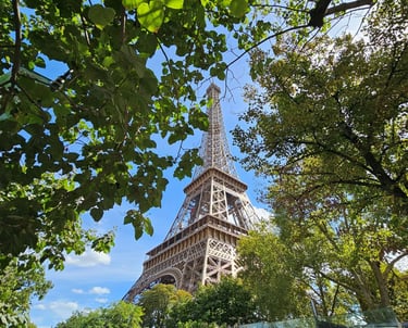 Eiffel Tower in Paris viewed through lush green trees and garden foliage under a clear blue sky.