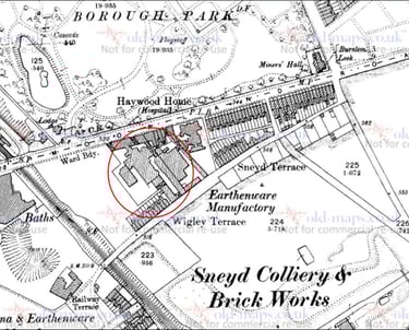 Vintage map showing Borough Park, Sneyd Colliery, and Brick Works with a red circle highlighting Haywood Home.