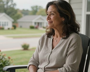 A mature North American woman sitting on a porch chair, looking out at a suburban landscape with a gentle smile of contentment, professional photography with soft lighting.