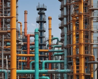 A professional petrochemical plant with pipelines and storage tanks under a clear sky.
