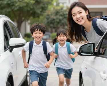 A warm, bright image of two parents smiling together while reviewing a custody calendar with their child.