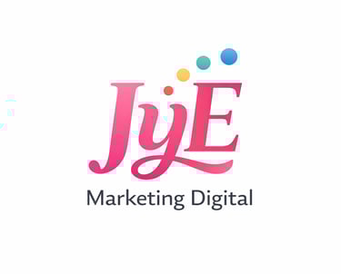 JyE Marketing Digital logo with pink gradient lettering and colorful bubbles on a white background.