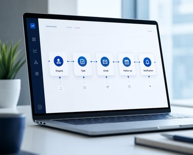 Workflow automation screen showing enquiry, task, email and notification steps
