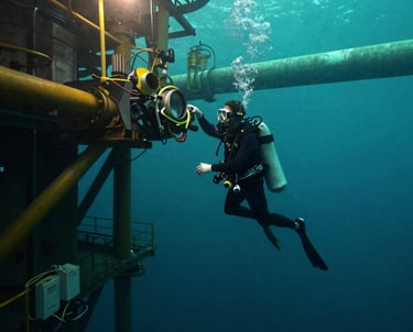 Close-up of a diver in full gear navigating a deep ocean site with beams of light piercing the water.