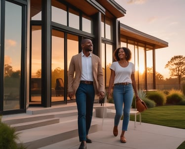 Modern home exterior with a sold sign in the front yard on a sunny day.