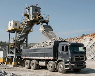 Photography of an industrial weighing station at a quarry, with a dark charcoal truck being loaded with light gray crushed aggregate under clear North American skies.