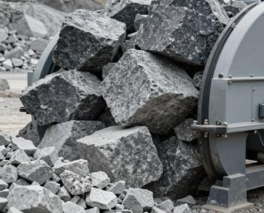 A close-up of a large-scale industrial rock crusher at a quarry, processing large dark gray granite blocks into light gray gravel.