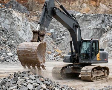 Action shot of a dark charcoal excavator bucket scooping up light gray stone aggregates in a North American quarry.
