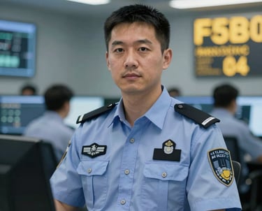 A portrait of a security specialist in a modern command center environment, focused and professional, featuring #1A202C and #F5B041 lighting accents.